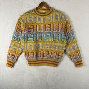 IMMODEL Sweater Womens Large Multicolor Geometric Textured Knit Crewneck Boho